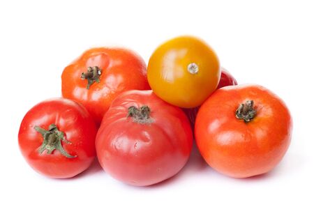 Spoiled tomato on white background, fungus with mold on vegetable isolatedの写真素材