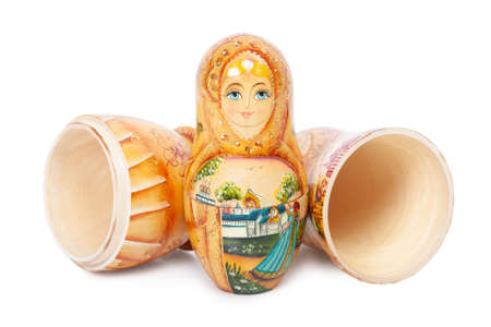 Russian folk wooden nesting doll "matrioshka" isolated over white backgroundの写真素材