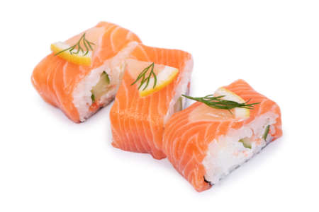 Group of sushi roll with red fish isolated over white backgroundの写真素材