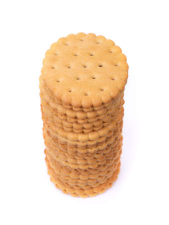 Stack of double round biscuit cookies isolated on white backgroundの写真素材