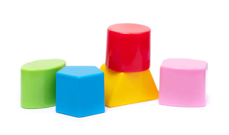 Group of plastic multi-colored figures - children's toys isolated  on white backgroundの写真素材