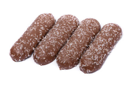 Group of long chocolate bars with coconut powder isolated on white backgroundの写真素材