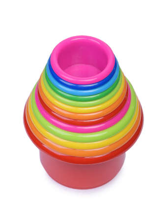 Set of colorful plastic children's toy buckets isolated on white backgroundの写真素材