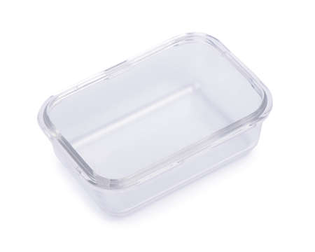 Empty rectangular glass container isolated on white backgroundの写真素材