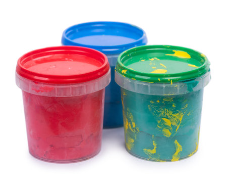 Group of gouache paint jars isolated on white backgroundの写真素材