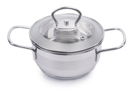 Stainless steel pan with glass lid isolated on white backgroundの写真素材