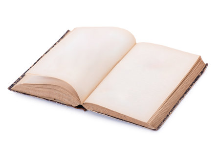 Old open book isolated on white backgroundの写真素材