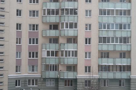 Windows of russian panel building at winterの写真素材