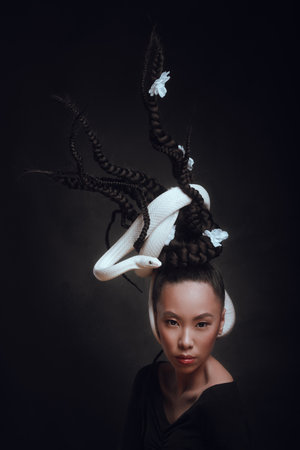 Portrait of beautiful woman with black hair and braidsの写真素材