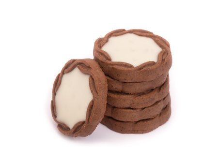 Group of cookies with cream, tasty pastries isolated over white backgroundの写真素材