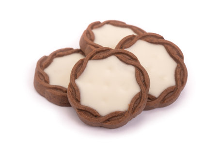 Group of cookies with cream, tasty pastries isolated over white backgroundの写真素材