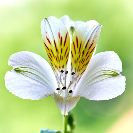 White Alstroemeria flower on a green background close-upの写真素材