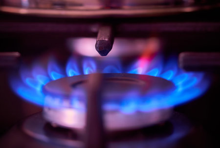 Gas burner with blue flames on the stove. Close-up.