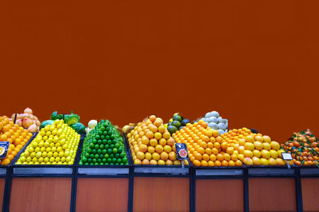 Fruits and vegetables on the counter of a grocery store. Orange background.の写真素材