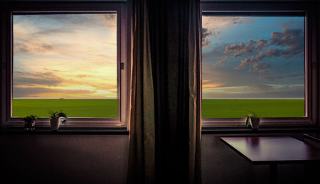 Empty room with window and green field at sunset. 3D rendering