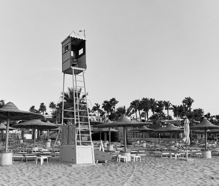Lifeguard tower on the beach of Hurghada city, Egyptの写真素材