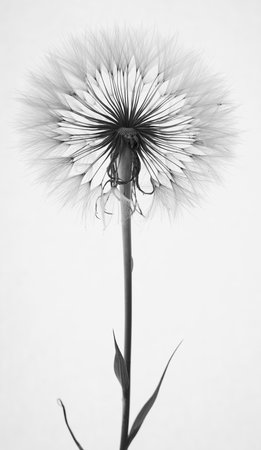 Beautiful dandelion on a white background, monochromeの写真素材