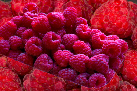 Ripe raspberries in a box. Close-up.