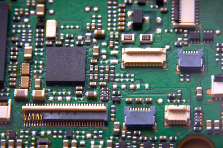 Electronic circuit board closeup. Electronic computer hardware technology. Motherboard digital chip.