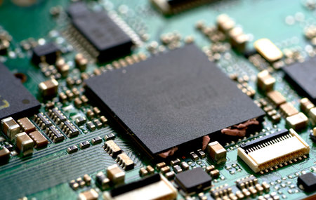 Close-up of electronic circuit board with microchips and microchips