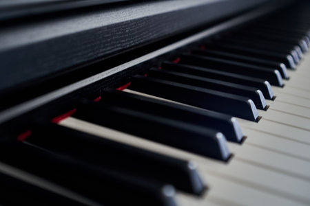Piano keys close up. Isolated on a black background.の写真素材