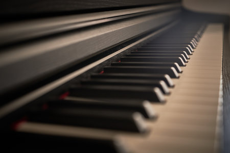 Piano keys close up, selective focus on foreground, shallow DOFの写真素材