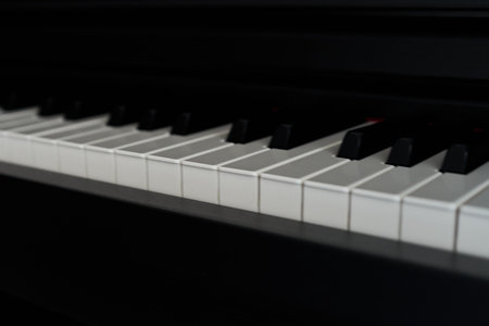Piano keys close-up, shallow depth of field, black and whiteの写真素材