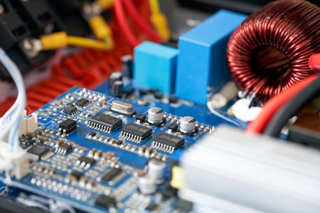 Electronic circuit board close-up with electrical components. technology background