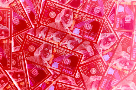 Close up view of one hundred dollar banknotes. Business background.の写真素材