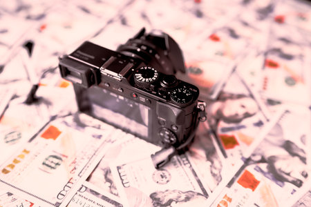 Vintage camera on a background. Shallow depth of fieldの写真素材