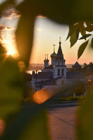 Christian church on the banks of the Volga River at dawn. Nizhny Novgorodの写真素材