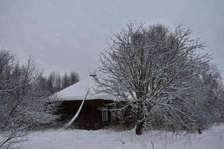 abandoned village in the snow in winterの写真素材