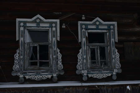 abandoned village in the snow in winterの写真素材
