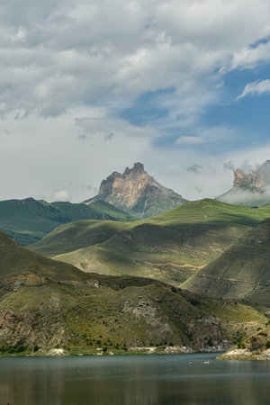 Landscape of mountains and lake in Kyrgyzstan, Central Asia