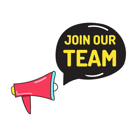 Join our team. Vector hand drawn megaphone and speech bubble icon, illustration on white background.のイラスト素材