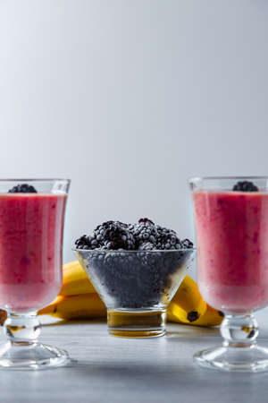 Frozen banana and blackberry smoothie. A healthy drink without sugar. Nice cooling on a hot day.の写真素材