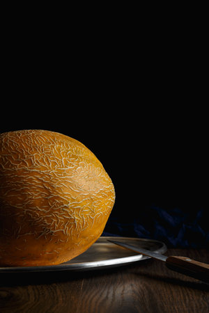 Whole melon, honey melon on wooden table background. Very healthy, natural, vegetarian food.の写真素材