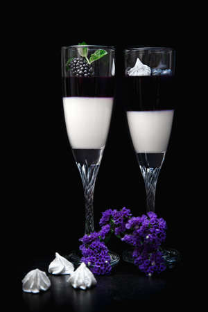 Blackberry panna cotta in glasses on a black background. Traditional Italian dessert with blackberry jelly and mint leaf.の写真素材