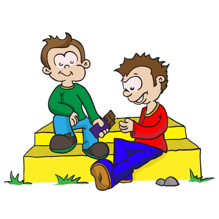 cartoon illustration of two boys sharing chocolateのイラスト素材