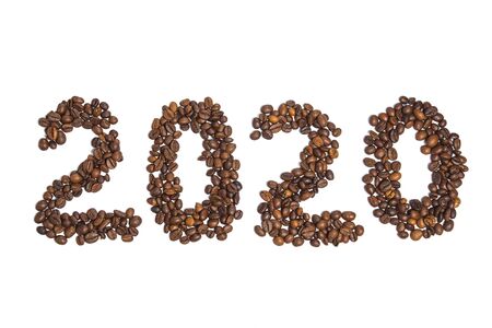2020 made from coffee beans on a white backgroundの写真素材