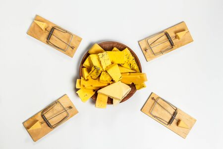 Tasty cheese on a plate and a mousetrap with cheeseの写真素材