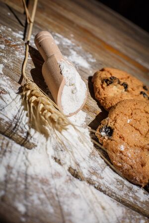 Oatmeal cakes with raisins, flour and spikelets of wheat on a wooden brown surfaceの写真素材