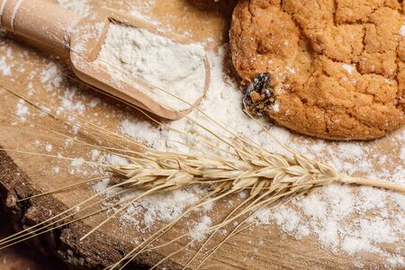 Oatmeal cakes with raisins, flour and spikelets of wheat on a wooden brown surfaceの写真素材
