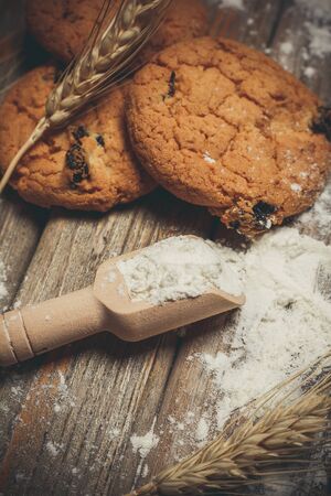 Oatmeal cakes with raisins, flour and spikelets of wheat on a wooden brown surfaceの写真素材