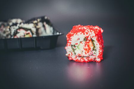 Different Asian sushi with dark wasabi sauce and wasabiの写真素材