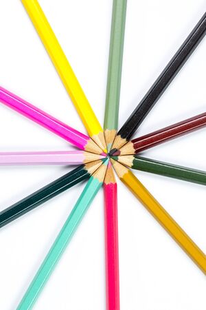 Different color pencils on a white backgroundの写真素材