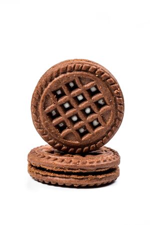 Round chocolate chip cookies on a white backgroundの写真素材
