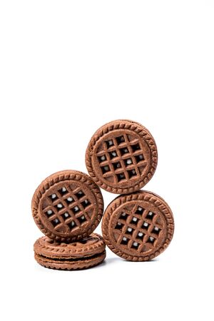 Round chocolate chip cookies on a white backgroundの写真素材