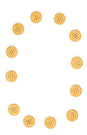 Round vanilla cookies on a white backgroundの写真素材