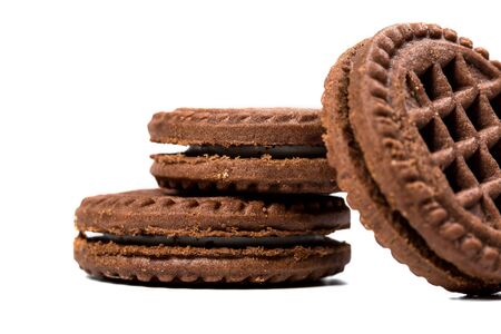 Round chocolate chip cookies on a white backgroundの写真素材